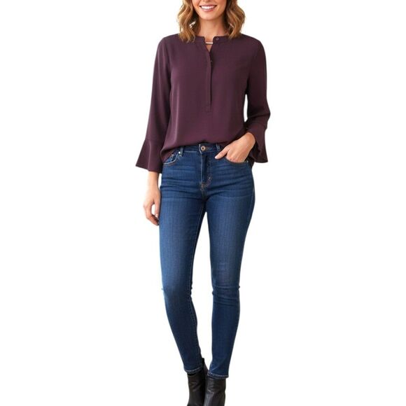 Simply Vera Vera Wang Tops - Simply Vera Wang Purple Blouse M Bell Sleeve Mandarin Collar Flowy Crepe Top